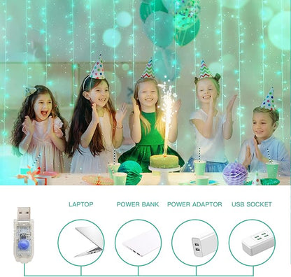 suddus Curtain Lights for Christmas, 200 Led 6.5ft x 6.5ft Hanging String Lights Outdoor, Fairy Curtain Lights for Backdrop, Window, Wall, Party, Garden, Bedroom, Birthday Decorations, Teal