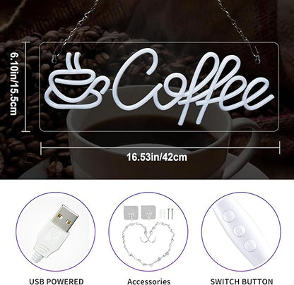 Coffee Neon Sign, Dimmable Coffee Bar Signs for Wall Decor, USB Powered Neon Light Sign with Metal Chain, Led Light Room Decor for Restaurants, Café Shop Window, Office Loung