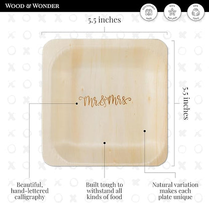 Mr. and Mrs. Disposable Wedding Plates – Rustic, Compostable Alternative to Plastic Plates for Wedding Receptions, Engagement Parties, and Rehearsal Dinners (Appetizer, 50-Pack)