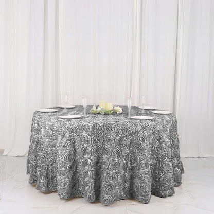 Efavormart 120" Wholesale Round Table Cover Silver Grandiose Rosette 3D Satin Tablecloth for Wedding Party Event Decoration