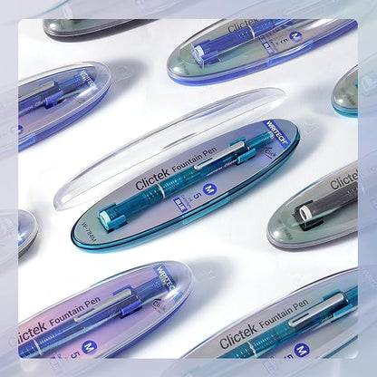 WRITECH Clictek Fountain Pen Retractable: Blue Ink Medium Nib Transparent Barrel, Gift Set Includes 5 Ink Cartridges for Smooth Writing No Leaking