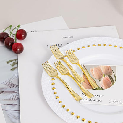 N9R 300PCS Gold Plastic Mini Forks, 4 Inches – Heavy Duty Disposable Cocktail, Dessert & Appetizer Forks, Elegant Party Serving Utensils for Tastings, Finger Foods, Weddings, Events