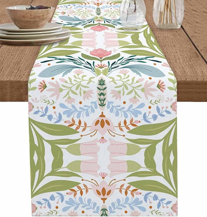 Green Blue Pink Boho Floral Cotton Linen Table Runner for Dining Kitchen, Wedding Outdoor Party Tablerunners Decoration, Retro Bohemian Botanical Dresser Scarf Coffee Tablecloth Runners 13x48 Inches