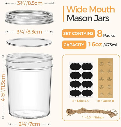 ComSaf Wide Mouth Mason Jars 16oz - 8 Pack, Pint Mason Jars with Lids and Seal Bands, Glass Canning Jars for Pickling, Jam, Jelly, Honey, Salad, Desert, Shower Wedding Favors, DIY Candles Decor