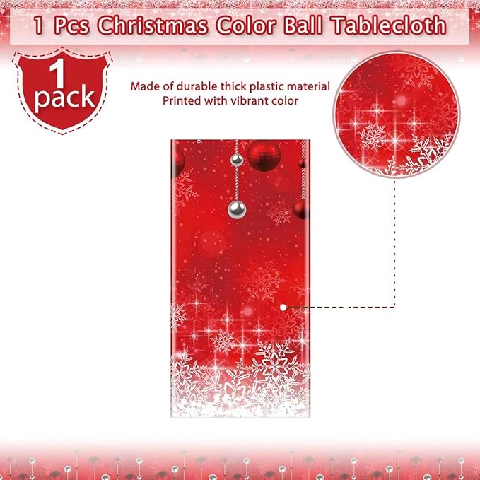 1Pieces Merry Christmas Tablecloth Plastic Christmas Tree Ball Table Cover Rectangle Winter Snowflake Tablecloth for Merry Christmas Holiday New Year Eve Party Decorations Supplies,54x108inch