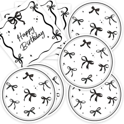 40pcs Black Bow Birthday Decorations Sophisticated Coquette Birthday Supplies,Black Bow Plates and Napkins,Suitable for 20 Guests