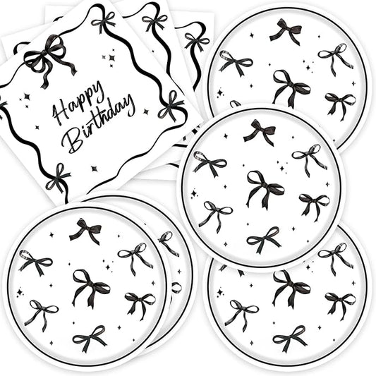 40pcs Black Bow Birthday Decorations Sophisticated Coquette Birthday Supplies,Black Bow Plates and Napkins,Suitable for 20 Guests