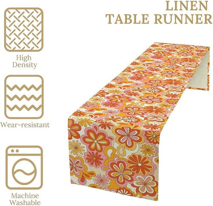 Vintage Floral Table Runner,70s Style Retro Daisies Flower Hippie Table Runner for Kitchen Dining Table Home Party Decoration 13x120 Inch