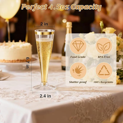 40 Pack Champagne Flutes Plastic Wine Glasses Disposable, 4.5 Oz Gold Rim Mimosa Glasses for 2025 Wedding Birthday Party Supplies, Bulk Toasting Cocktail Cups