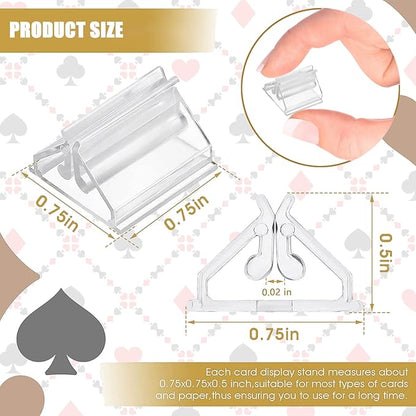 Table Number Place Card Playing Card Holders 60 Pack, Small Clear Acrylic Business Card Holder Stand for Display Paper Game Piece Picture Clip Price Board Photo Memo Menus Label Stand Party, 0.75in