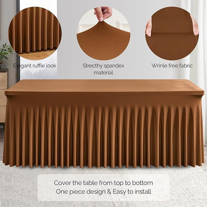 Wish Care 6 Pack Brown Spandex Table Clothes for 8 Foot Rectangle Tables, 8FT Wrinkle Free Fitted Tablecloths Ruffles Design Table Cover for Party, Banquet, Wedding and Events