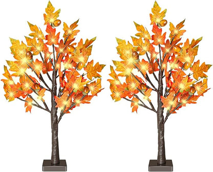 24 Inch Fall Lighted Maple Tree, 2FT Fall Tree with 36 LEDs, 6 Acorns, Timer Battery Operated, Thanksgiving Decorations Table Lights Tree for Autumn Wedding Party Gift Harvest Home