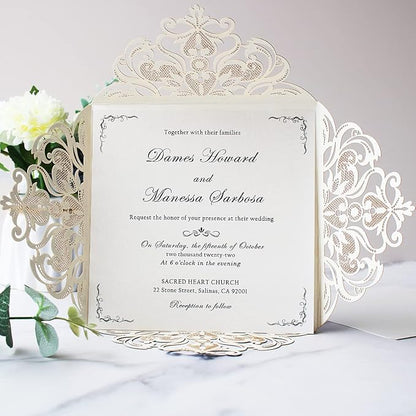 Hosmsua 6.3 x 6.3 Inch 50PCS Silver Glitter Laser Cut Hollow Lace Rose Wedding invitation Cards with Envelopes Wedding invitations for Anniversary Invite (Silver Glitter)