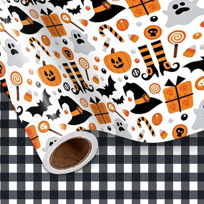LeZakaa Halloween Wrapping Paper, Cute Pumpkin Witch Bat Candy Print, Buffalo Black White Plaid Reversible Design for Halloween, Nightmare before Christmas Holiday, Party, 17 inches x 32.8 Feet