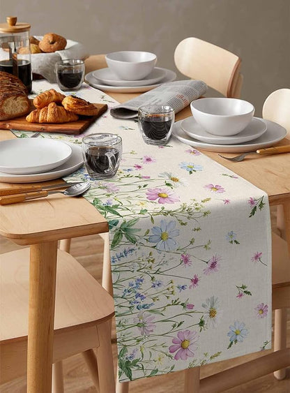 Vintage Wildflowers Cotton Linen Table Runner for Dining Kitchen, Wedding Outdoor Party Tablerunners Decoration, Farm Floral Pink Botanical Plants Dresser Scarf Coffee Tablecloth Runners 13x72 Inches