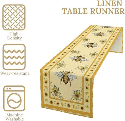 Honey Bee Table Runner, Farmhouse Yellow Sunflower Retro Summer Linen Tables Runners for Kitchen Dining Table Home Party Decor, 13x36inch