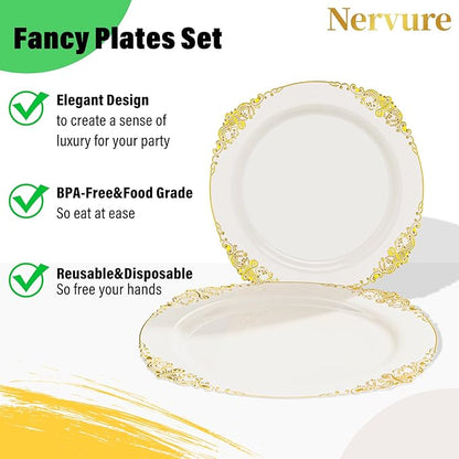Nervure 350PCS Ivory Plastic Plates - Ivory Gold Plastic Dinnerware Sets for 50 Guests - 100 Gold Disposable Plates, 50 Pre Rolled Silverware Sets, 50 Cups Perfect for Wedding & Thanksgiving