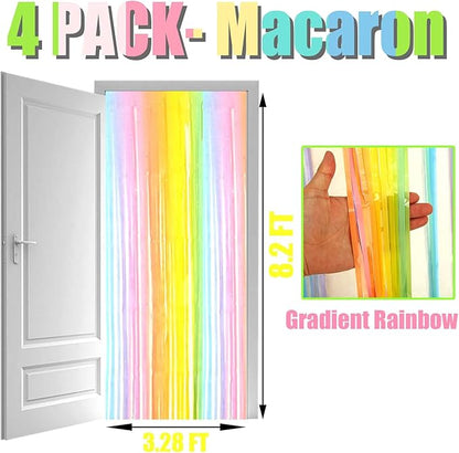 4 Pack Macaron Rainbow Foil Fringe Curtain Backdrop, 3.28Ftx8.2Ft Colorful Foil Fringe Streamers Curtains for Party, Photo Booth Props, Birthday, 2022 Graduation Decoration Supplies