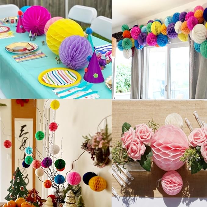 20pcs Honeycomb Flower Balls Party Honeycomb Balls Decoration Paper Flower Balls Tissue Paper Flower Ball Pom Poms Ball for Birthday Wedding Home Decor (3inch+6inch, Pink+Rose red)