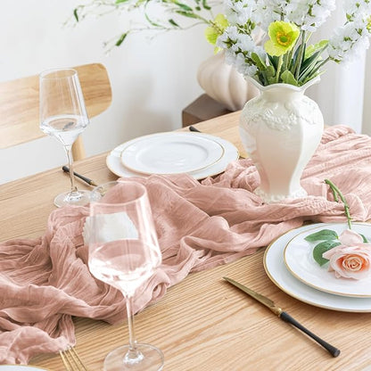 Asee'm 12pcs Cheesecloth Table Runner 120 Inches Dusty Pink Boho Gauze Cheese Cloth Runner 10FT Rustic Sheer Table Runners for Summer Wedding Baby Shower Holiday Party Decoration