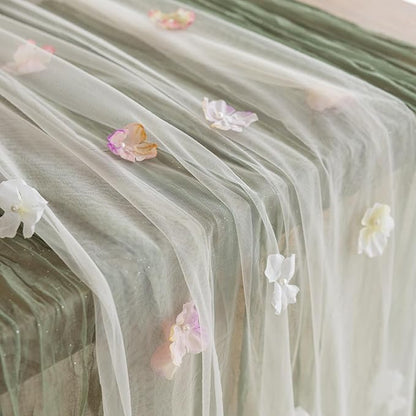 Romantic Artificial Floral Table Runner 10ft Gauze Tulle Lace Table Runner Set for Wedding Baby Shower Bridal Shower Holiday Kitchen Dining Table Decoration for Home Party Special Occasion