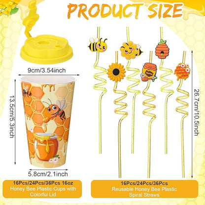 Yungyan 16 Sets Honey Bee Party Favors Goodie Cups with Lids and Straws for Birthday Decorations Reusable 16oz Plastic Candy Cups Plastic Straws for Birthday Party(Bee)