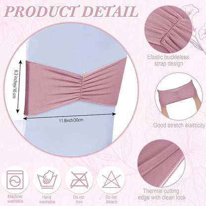 Moukeren 100 Pcs Spandex Chair Sashes Bows Bands Slider Sashes for Chair Covers Elastic Bands Ties Ribbon Decorations for Wedding Party Events Ceremony Birthday Banquet(Dusty Pink)