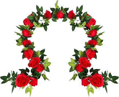 UKELER 2 Pack 14FT Artificial Rose Vines Red Flower Garland Artificial Rose Flowers with Green Leaves Floral Plant for Wedding Arch Party Garden Craft Home Decor