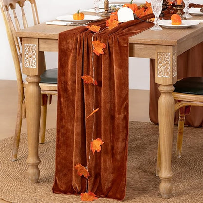 MLMC Terracotta Fall Thanksgiving Table Runner 10ft Luxury Rust Burnt Orange Velvet Table Runner Elegant Home Decor 20x120 Inches for Wedding Bridal Shower Birthday Party Home Decor
