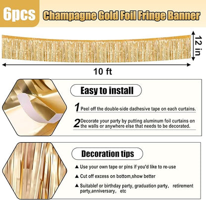 6 Pack 10 Feet Champagne Gold Foil Fringe Garland Metallic Tinsel Streamers Banner Wall Hanging Curtain Backdrop for Parade Floats, Birthday, Graduate, Mother's Day, Wedding Party Decoration