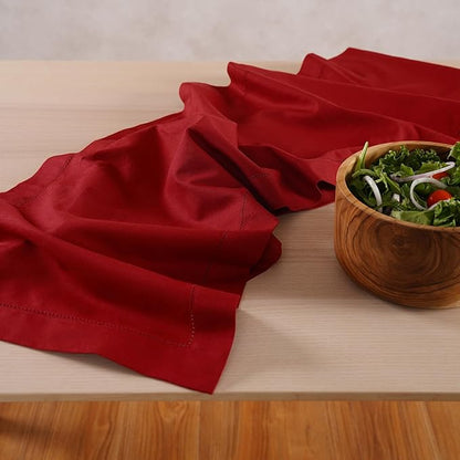 Cotton Linen Table Runner 120 Inches Long – Farmhouse Red Table Runner for Thanksgiving, Christmas, Winter, New Year – Washable Hemstitch Fabric Ideal for Gifting – Serena