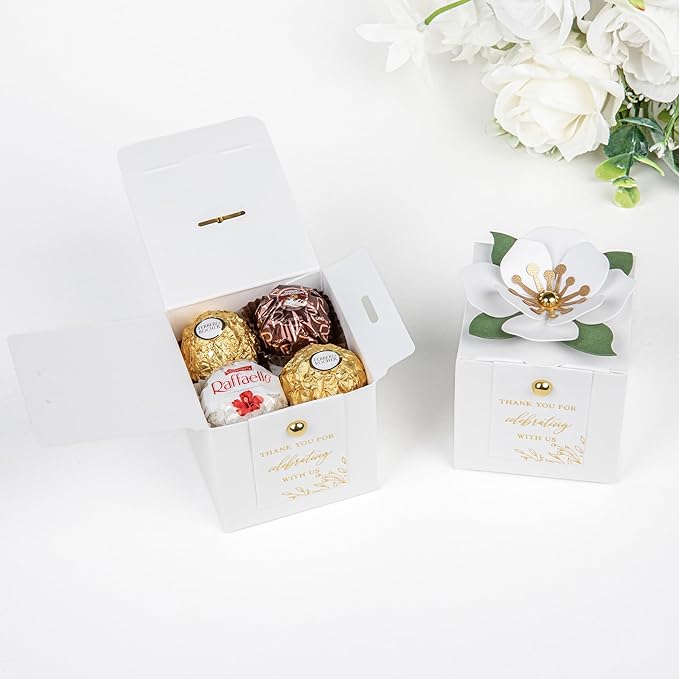FEIYI 20 PCS Favor Boxes, 3 In 1 White Candy Boxes with Floral Decor, White Thank You Tags Gold Foil Print Gift wrapping for Wedding, Baby Shower, Birthday, Decorations Party - 2.55x2.55x2.55