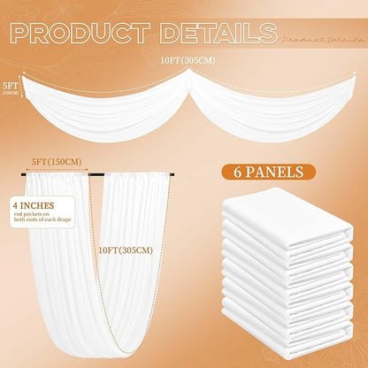 6 Panels White Ceiling Drapes for Wedding 5ftx10ft Arch Draping Fabric Cheesecloth Sheer Curtain Romantic Decorations for Party Banquet Ceremony Stage