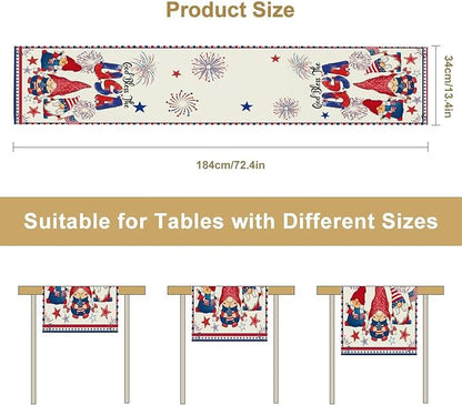 Cute Patriotic Gnomes Table Runner, American Independence Day 4th of July Gnome Blue Red Fireworks Confetti Print Table Runner for Home Kitchen Dining Table Party Decor, 13x120inch