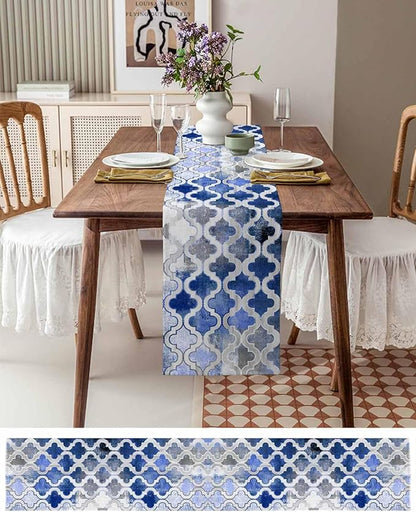 Blue Morocco Plaid Cotton Linen Table Runner for Dining Kitchen, Wedding Outdoor Party Tablerunners Decoration, Distressed Abstract Painted Vintage Dresser Scarf Coffee Tablecloth Runners 13x90 Inches