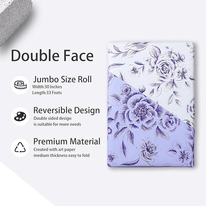 WRAPAHOLIC Jumbo Reversible Floral Wrapping Paper Roll - 30 Inch x 33 Feet - Purple Flower Wrapping Paper for Wedding, Bridal Shower, Mother's Day, Birthday, Baby Shower