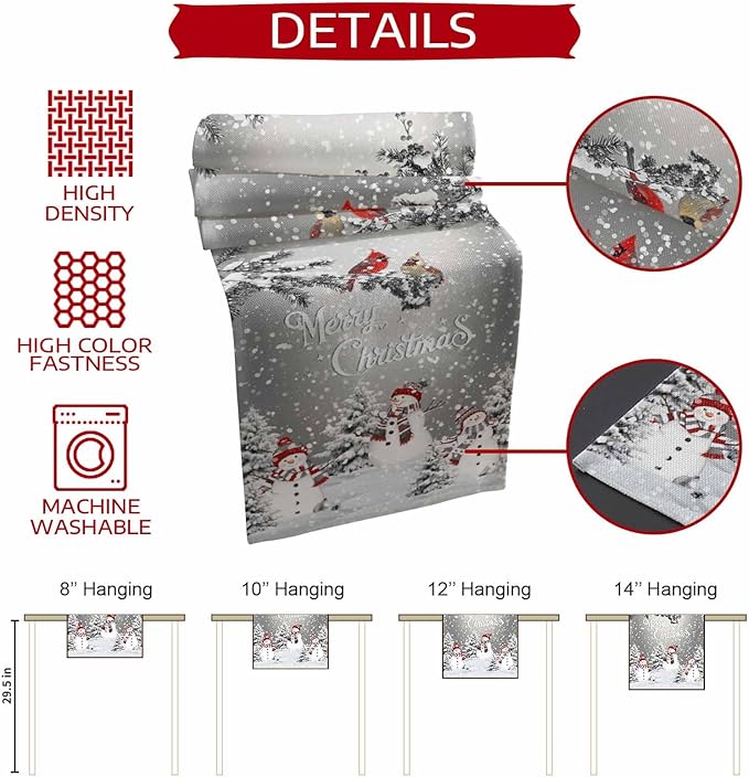 Christmas Snowman Cotton Linen Table Runner for Dining Kitchen, Snowflakes Xmas Pine Tree Wedding Outdoor Party Tablerunner Decoration Winter Bird Dresser Scarf Coffee Tablecloth Runners 13x90 Inches
