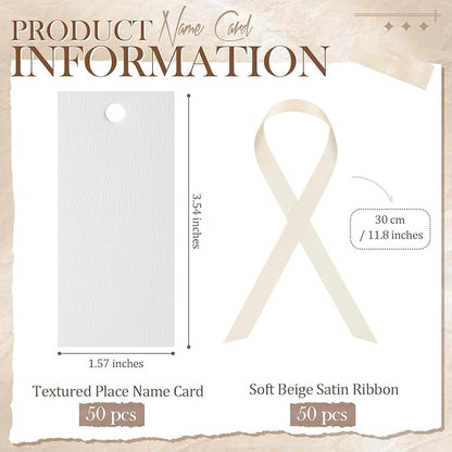 50 Pcs Name Place Cards for Table Setting Blank Wedding Place Cards with Satin Ribbon 1.57 x 3.54 Inch Hanging Gift Tags for Wedding Dinner Banquet Party Table Setting Supplies(Beige)