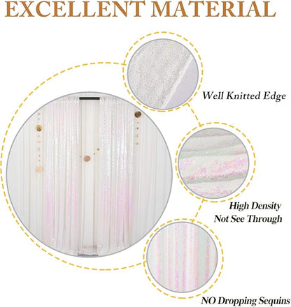 ShinyBeauty White Sequin Backdrop 4FTx8FT 2 Pieces Iridescent White Backdrop Curtains Panels Glitter Photo Backdrop Transparent Birthday Themed Backdrop