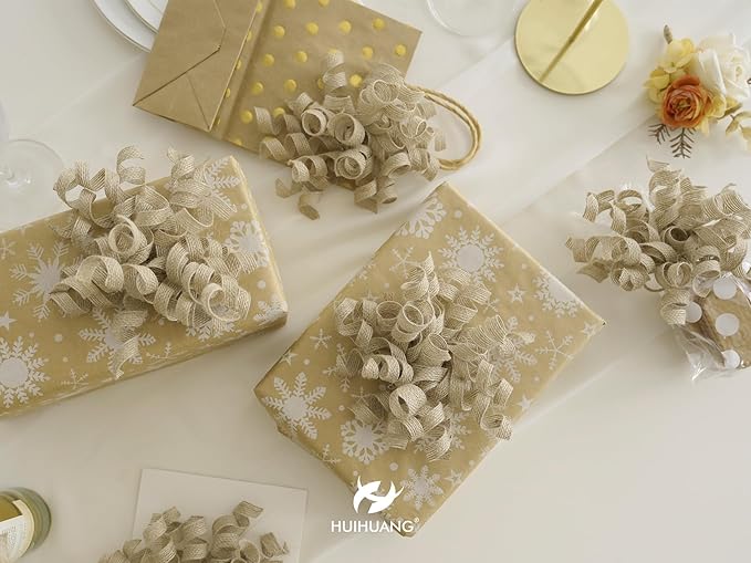 HUIHUANG Burlap Gift Bows Curly Bows for Gift Wrapping Self Adhesive Burst Gift Bow for Baby Shower, Wedding, Birthday Party Favors, Christmas Presents - 5 inch x 6 Counts
