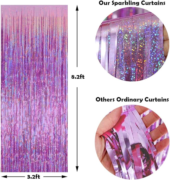 Melsan 3 Pack 3.2 x 8.2 ft Sparkling Pinkish Purple Tinsel Fringe Curtain Backdrop Glitter Decor for Birthdays, Bachelorette, Weddings, Photo Booth | Reusable Princess & Y2K Party Backdrop