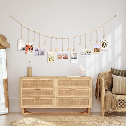 Hanging Photo Display Room Wall Decor, Boho Collage Picture Frame Christmas Cards Holder, Photo Hanger with 9 Wood Clips and 6 Wooden Hearts Tags for Home, Bedroom, Office, Nursery, Dorm Decor (3)