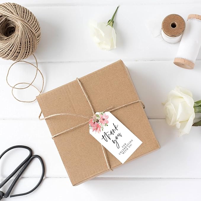 Andaz Press 100-Pack Thank You for Celebrating with Us Favor Tags Coral Watercolor Florals Cardstock Gift Tags with Bakers Twine for Wedding Baby Shower Bridal Shower Party Favors 2 x 3.75-Inches