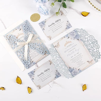 50pcs Laser Cut Wedding Invitation Pockets 5x7 '' Dusty Blue Wedding Invitations Kit With Envelopes Blank Inner Sheet and Ribbon for Wedding Bridal Shower Quinceanera Engagement Party Invite