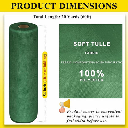 54" by 20 Yards Tulle Fabric Rolls Tulle Ribbon Tutu Spool Bolt for DIY Wedding Decoration Baby Shower Tutu Skirt Gift Wrapping Large Matte Fabric, Roll Packaging (Hunter Green)