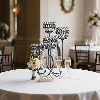 4 Arms Crystal Candelabra Tealight Holder - Tall 15.7 Inch Elegant Centerpiece with Crystal Pendant Bowls & Artistic Metal Stand for Wedding, Dining Table, Home Decor (4, Black)