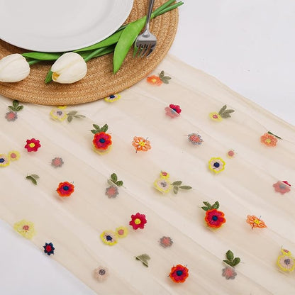 BINBE 1pcs Champagne Daisy Fall Table Runner Embroidery Gauze 10FT Florals Seasonal Tulle Holiday Birthday Kitchen Dining Table Decor for Home Party