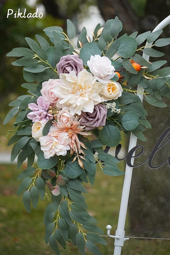 Faux Flower Swag Set of 2 for Wedding Welcome Signs Floral Swag Wedding Reception Ceremony Signs Decor (Champagne)