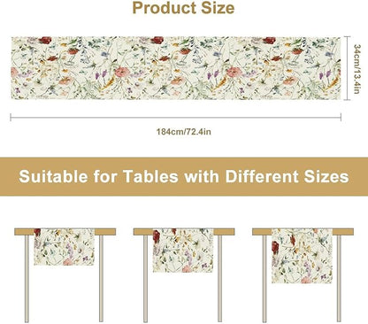 Floral Butterfly Table Runner,Rustic Colorful Flower Botanical Watercolor Pattern Print Burlap for Hotel Indoors Outdoor Dining Room Kitchen Holiday Party, 13x70in