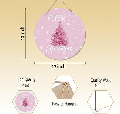 CGBHW Pink Christmas Tree Wooden Sign, Winter Holiday Theme Hanging Sign Wall Decor for Girls Room Home College, Aesthetic Christmas Xmas Snowflake Door Decor 12 x 6 Inch